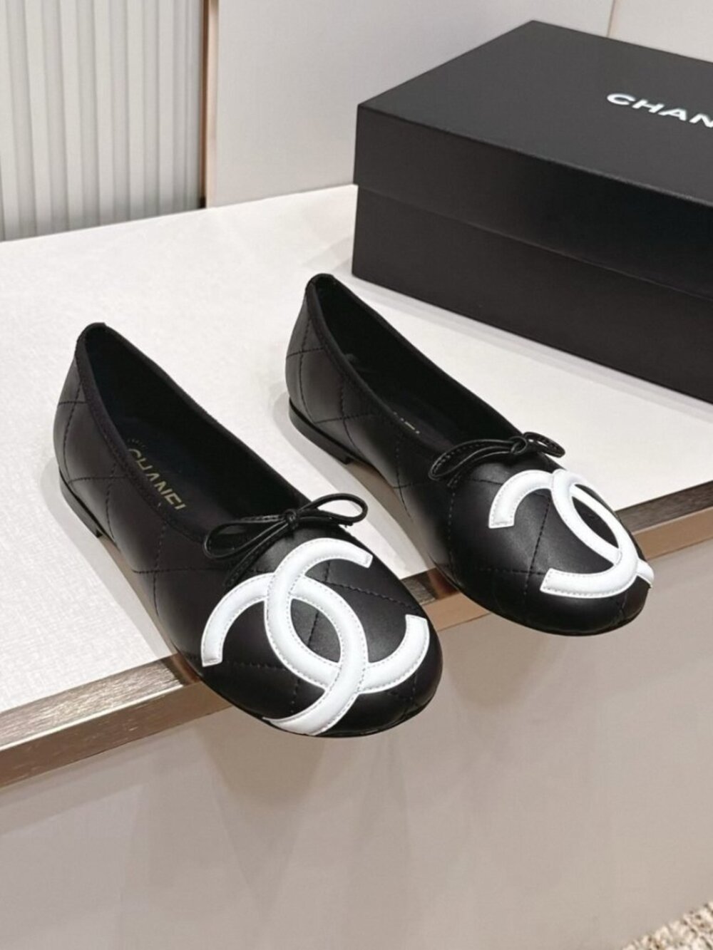 CHANEL Quilted CC Bow Ballet Flats – Black/White, with Box